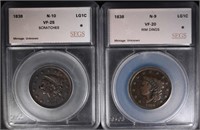 LARGE CENTS; 1838 N-10 & 1838 N-9 SEGS