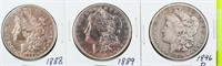 Coin 3 Morgan Silver Dollars 1888, 1889 & 1896-O
