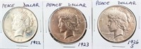 Coin 3 Peace Silver Dollars 1922, 1923 & 1926-S