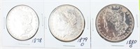 Coin 3 Morgan Silver Dollars 1878, 1879-O & 1880-O