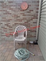 2 PLASTIC PATIO CHAIRS, GARDEN HOSE & THERMOMETER
