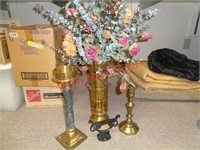 3 BRASS CANDLESTICKS & VASE & METAL BOOT SCRAPER