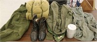 Military Items:  Sleeping Bag, Lantern, Boots &