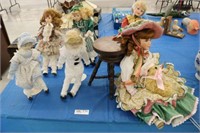 6 Porcelain Dolls with Miniature Piano Stool