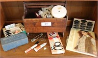 Wooden Sewing Basket and Contents on Shelf