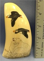Scrimshawed 5.5" long tooth, walrus and 2 emperor
