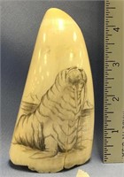Scrimshawed whale's tooth 4.5" long with minor cra