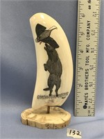 Whale's tooth, scrimshawed by Ted Mayac, 6" long w