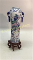 Asian Ceramic Dragon Vase on Wood Stand