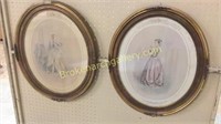 Pair Fashion Prints in Oval Gilt Frames