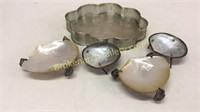 4 Abalone Shell Dishes, Silver Tray