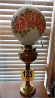 OLD BRASS LAMP WITH HAND PAINTED GLASS SHADE -