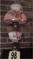 BRASS LAMP WITH HAND-PAINTED GLASS SHADE  21 IN