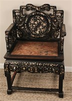 19th C. CHINESE CARVED WOOD MARBLE INLAID CHAIR
