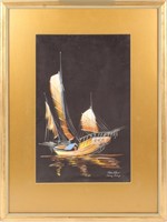 PAINTING ON SILK OF CHINESE SAILBOAT