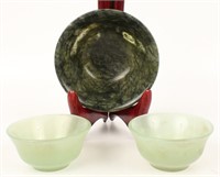 PAIR OF CHINESE JADE BOWLS & ONE SPINACH JADE BOWL