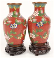 PAIR OF RED CLOISONNE VASES