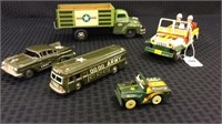 Lot of 5 Tin Toys Including  Truck, Military
