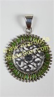 Sterling Silver Round Pendant w Green Stones