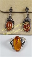 Sterling Silver Russian Amber Ring & Earrings
