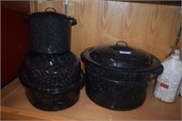 Three Lidded Enamelware Pots