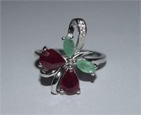 Sterling Silver Ring w/ Emeralds, Rubies,