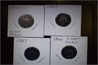 1866, 67, 68, 69 Five-Cent Shield Coins