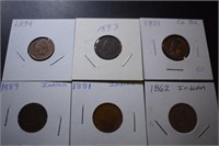 (6) Indian Head Pennies - 1862, 81, 89, 91, 93, 94