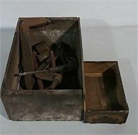 Wooden box of old tools, clamps and more