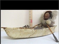 HAND MADE ESKIMO CANOE AND DOLL MADE OF WOOD AND