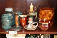 Ball Jars, Hull Pottery and Contents on Shelf