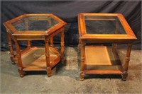 Set of 2 Glass Top Accent Tables with Cane Bottoms