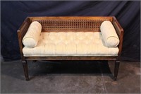 Cane Back Wood Settee w/ Cushion & Bolster Pillows