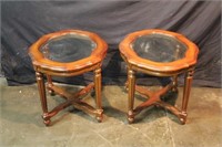 2 Glass Top Wooden End Tables