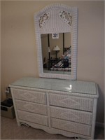 White Wicker 6 Drawer Dresser With Glass Top and