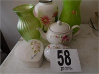 3 Vases, Teapot, 2 Covered Dishes