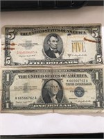 1953B 5$ GOLD SEAL AND 1957A 1$ SILVER CERT DOLLAR