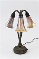 TIFFANY STUDIOS BRONZE TRIPLE LIGHT TULIP LAMP