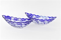 (2) BLUE & CLEAR CUT CRYSTAL BOAT DISHES
