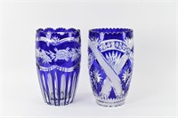 (2) LARGE BLUE & CLEAR CUT CRYSTAL VASES