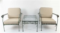 PAIR OF OUTDOOR IRON CHAIRS & TABLE