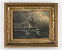 ANTIQUE OIL ON BOARD SHIP SEASCAPE PAINTING