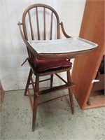 Antique Wood High Chair w/Metal Tray Insert