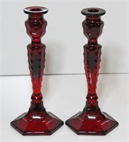 Pair of Ruby Glass Candlesticks
