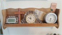 Wooden Shlef with Clocks & Wall Decor