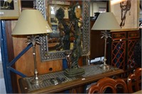 Pair metal table lamps, palm tree motif,