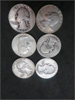 Lot of 6 US Washington Quarters 90% Silver