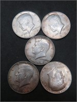 Lot of 5 1964 Kennedy Half Dollars 90% Silver