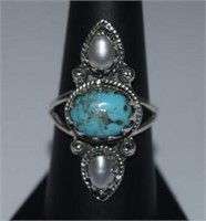 Sterling Silver Ring w/ Turquoise & Pearls