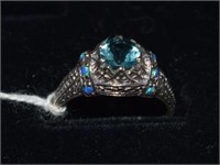 Sterling Silver Antique Style Ring w/ Blue Stones